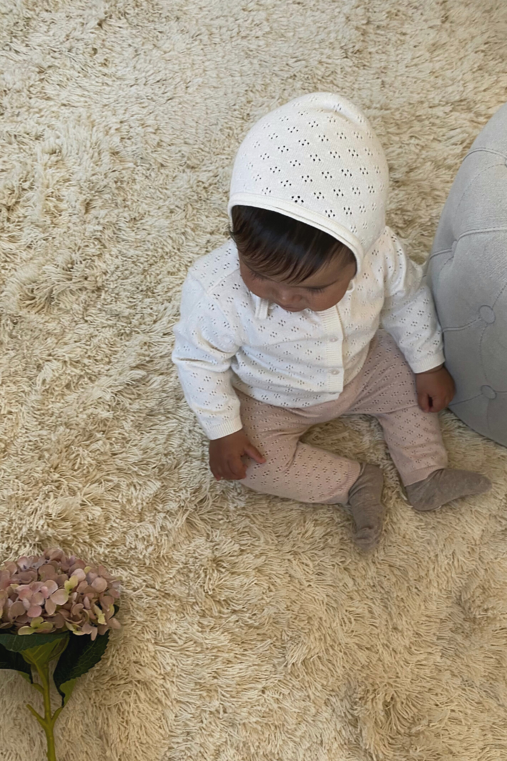 Little O'TAY Arden Hat w/Tie Pointelle Huer Off White